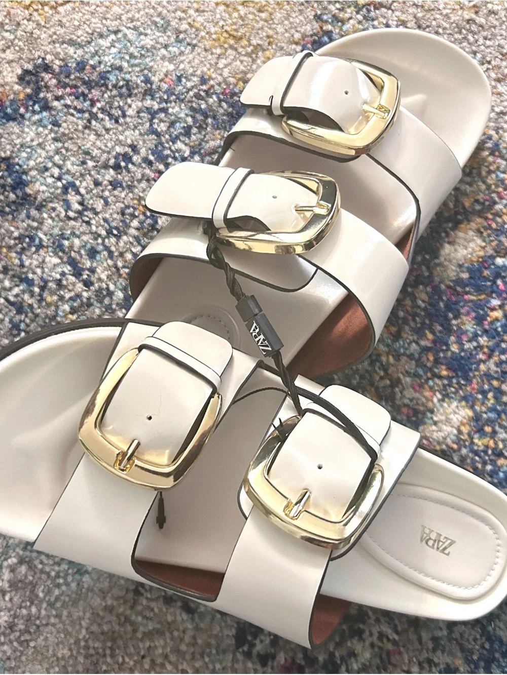 Zara White Double-Strap Slide Sandals with Gold Buckles - Picture 2 of 5